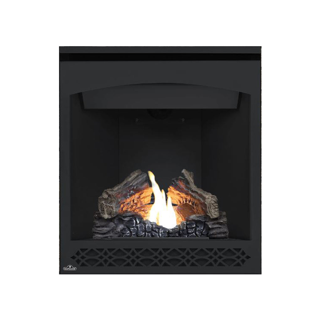 Black direct-vent gas fireplace with glass front and flame over logs, vent grille