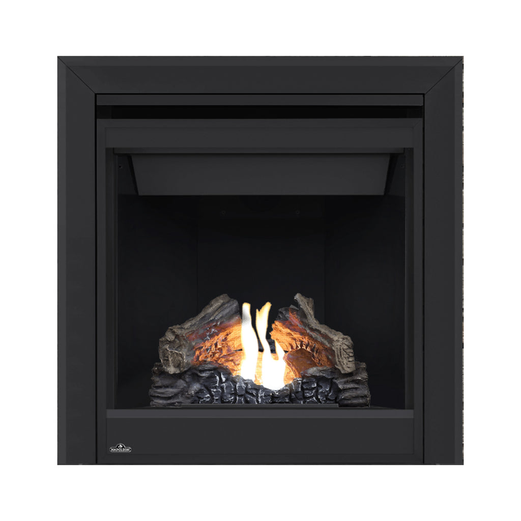 Black direct-vent gas fireplace with glass front; glowing logs and flames in firebox