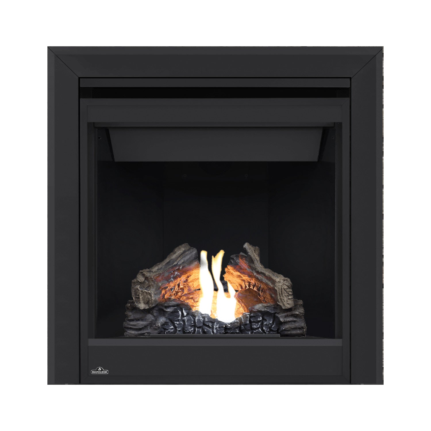 Black direct-vent gas fireplace with glass front; glowing logs and flames in firebox