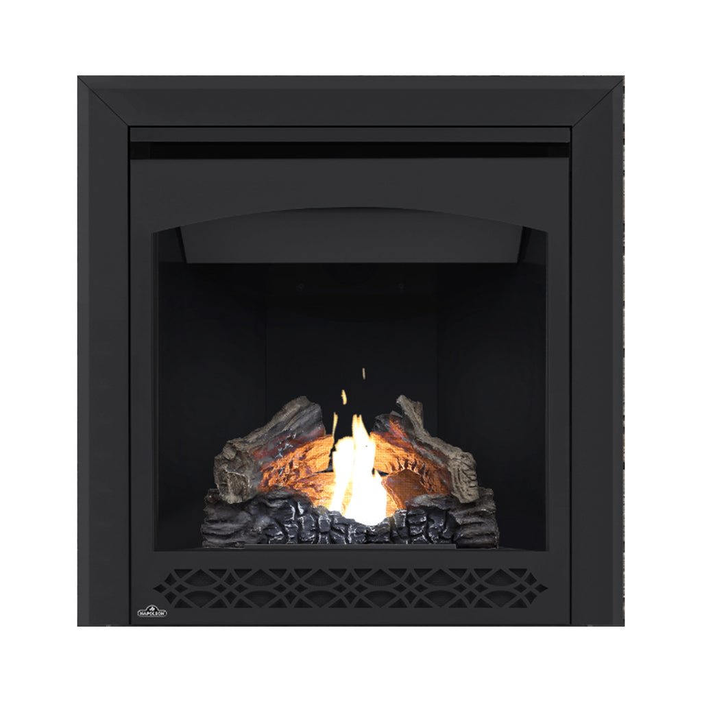 Black direct vent gas fireplace with glowing logs, centered flame, and front decorative vent grille