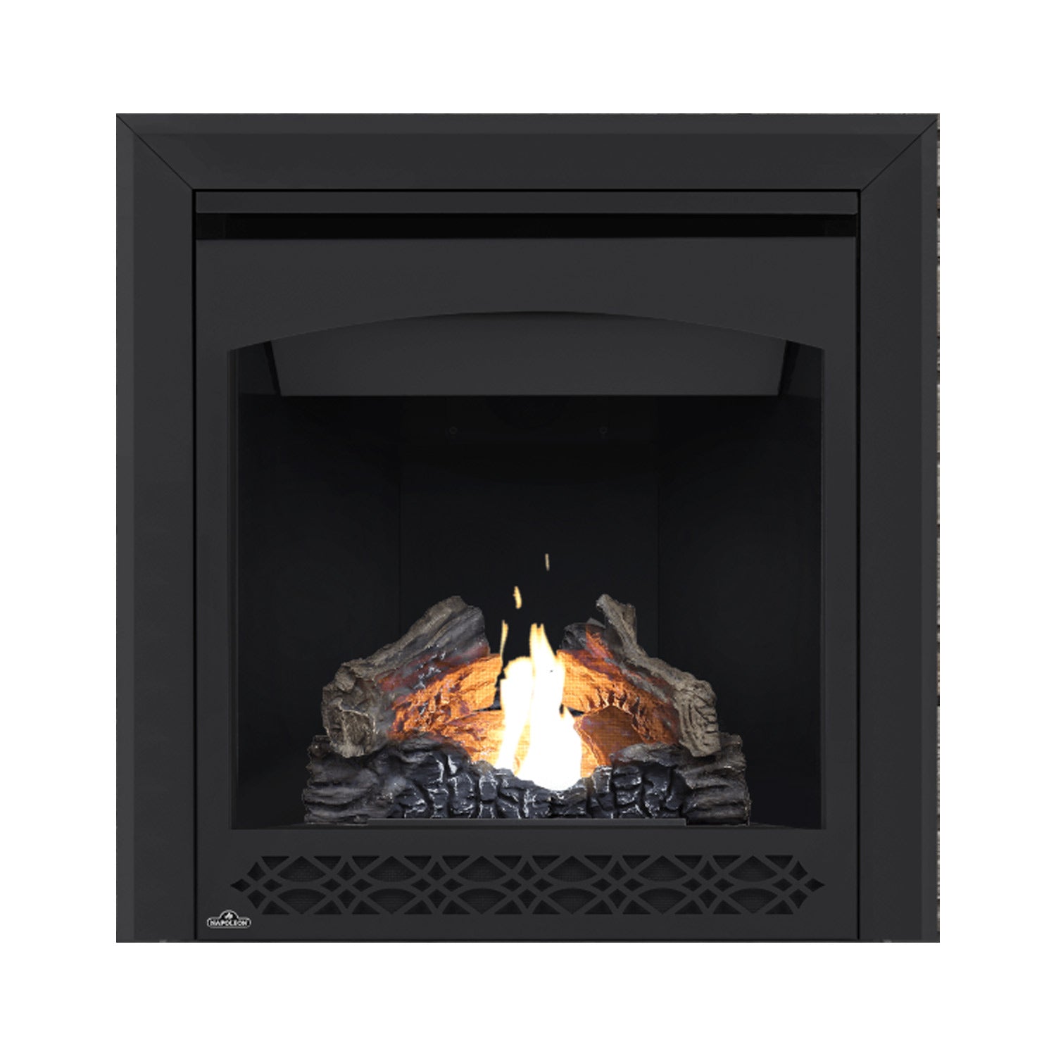 Black direct vent gas fireplace with glowing logs, centered flame, and front decorative vent grille
