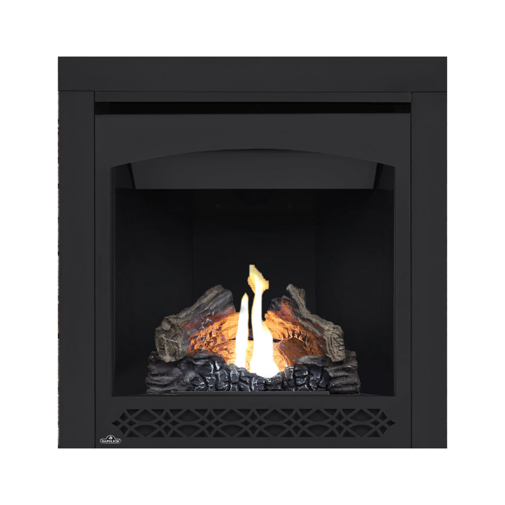 Black direct vent gas fireplace with firebox glass, glowing logs and bright central flame