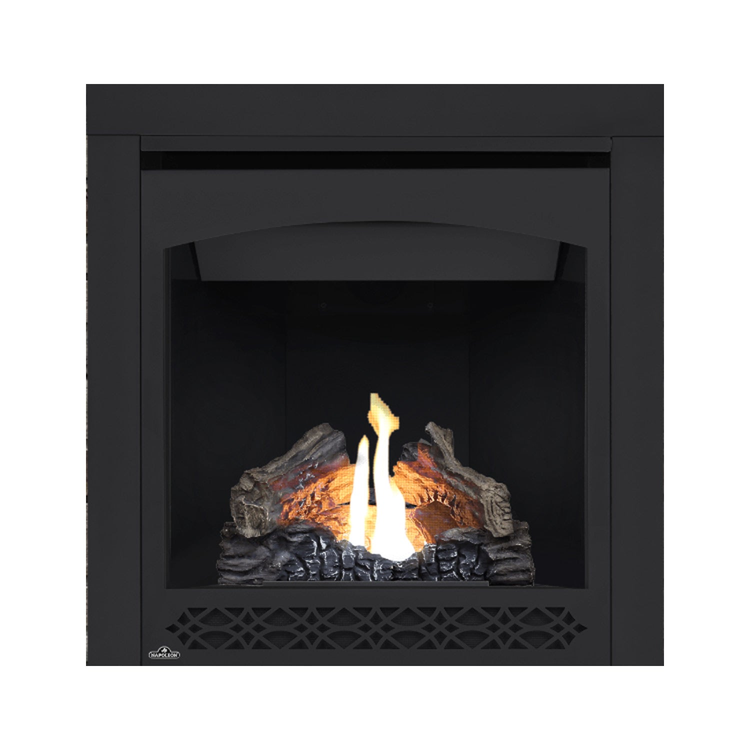 Black direct vent gas fireplace with firebox glass, glowing logs and bright central flame