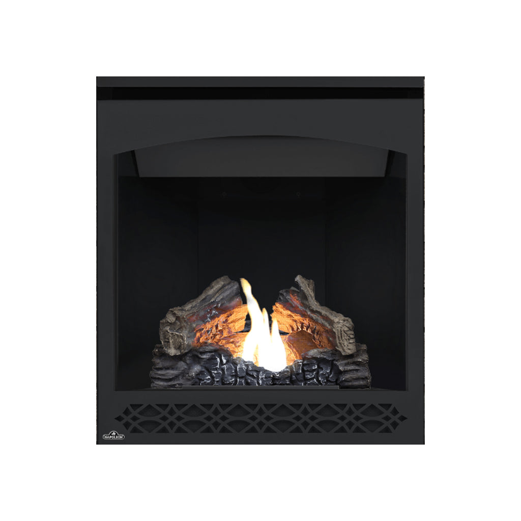 Black direct vent gas fireplace with open glass front and glowing logs, arched flame view