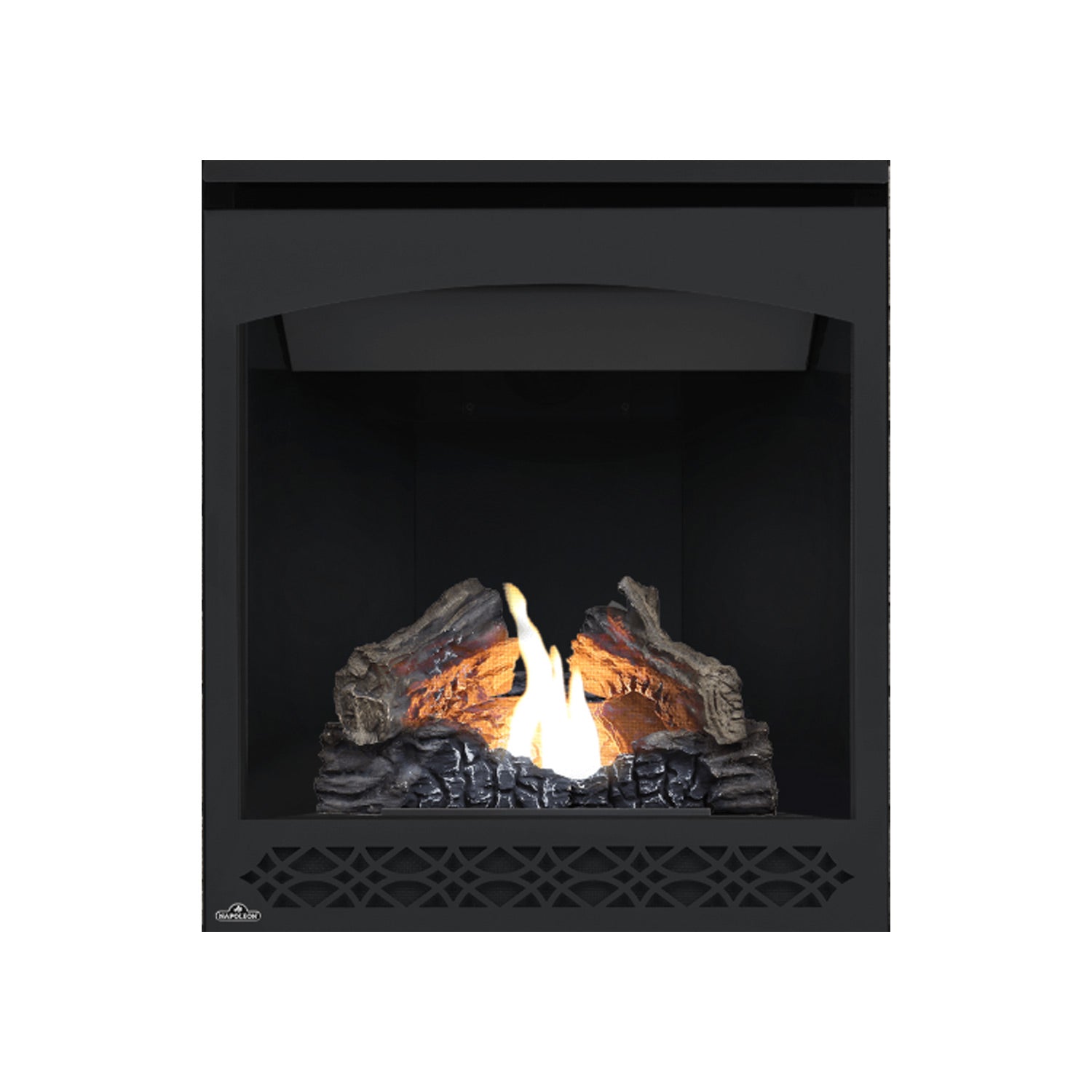 Black direct vent gas fireplace with open glass front and glowing logs, arched flame view