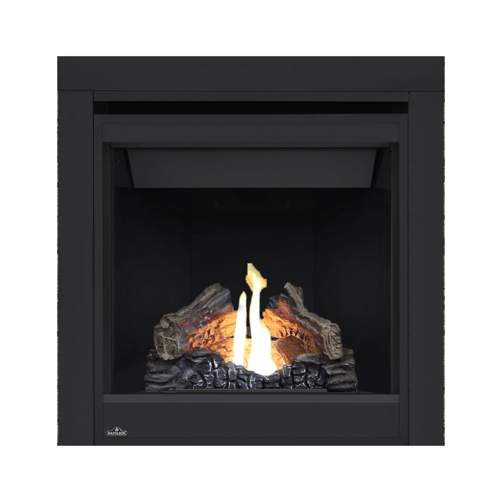 Black direct-vent gas fireplace with glass front; bright flames over ember bed and logs