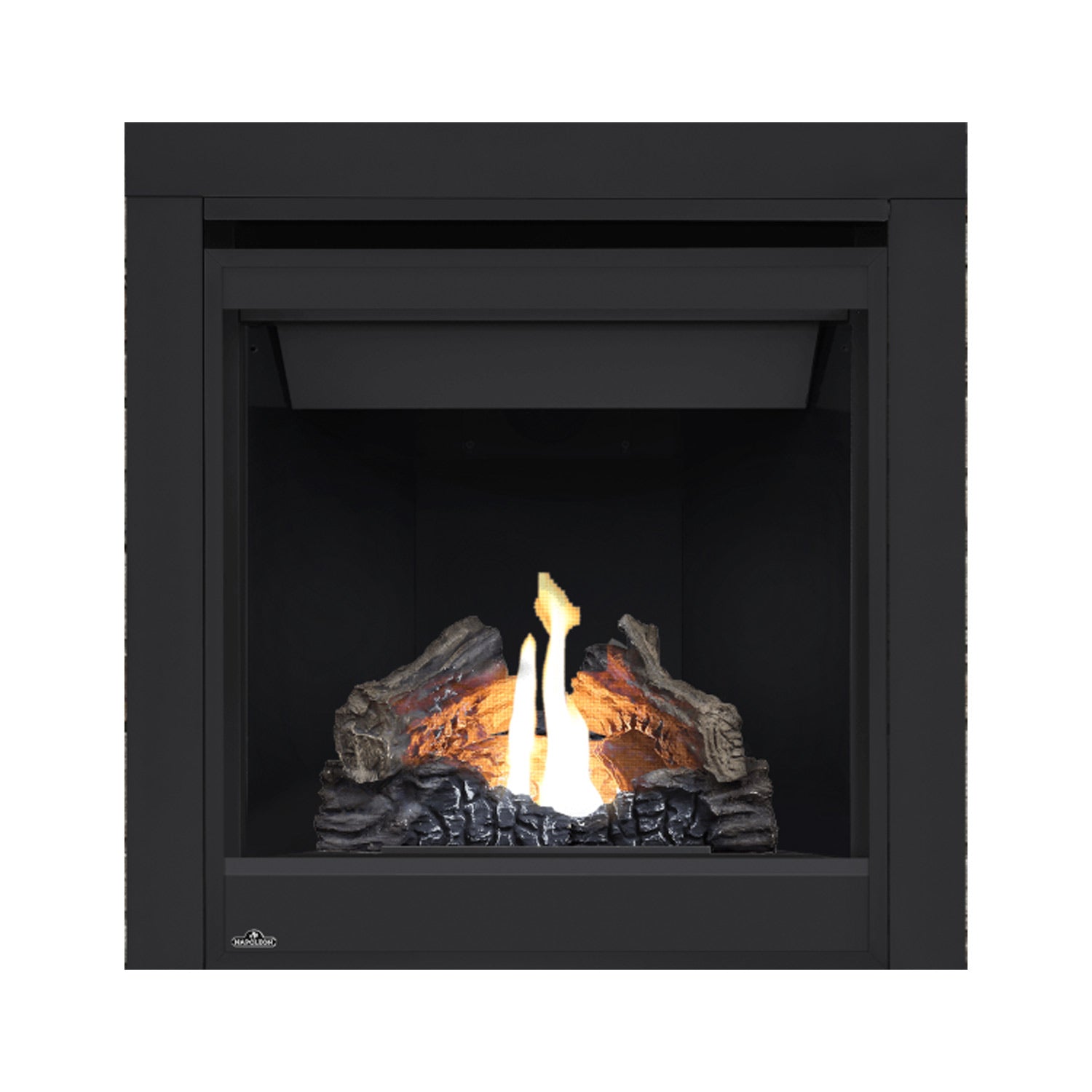 Black direct-vent gas fireplace with glass front; bright flames over ember bed and logs