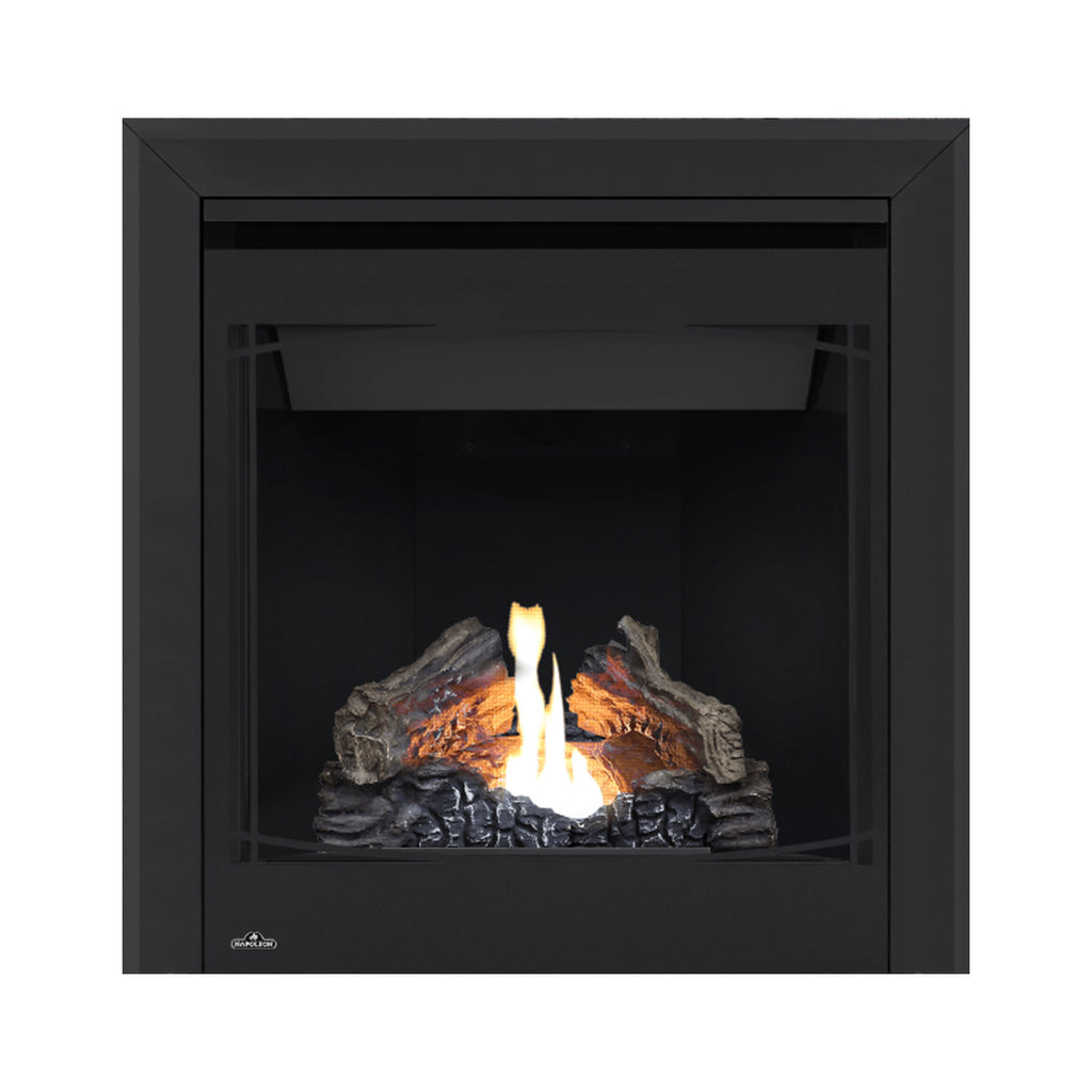 Black direct vent gas fireplace with glowing logs and steady flame in the glass firebox