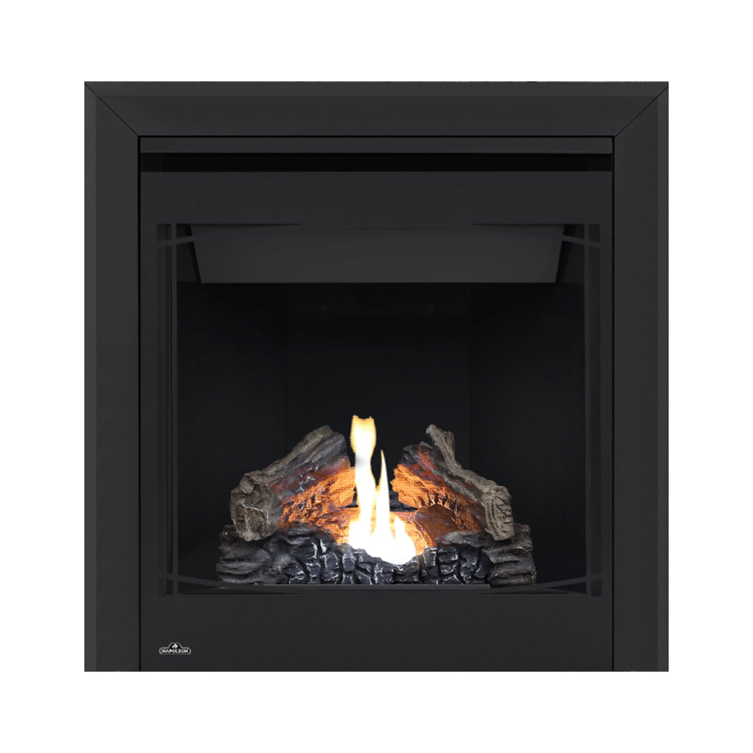 Black direct vent gas fireplace with glowing logs and steady flame in the glass firebox
