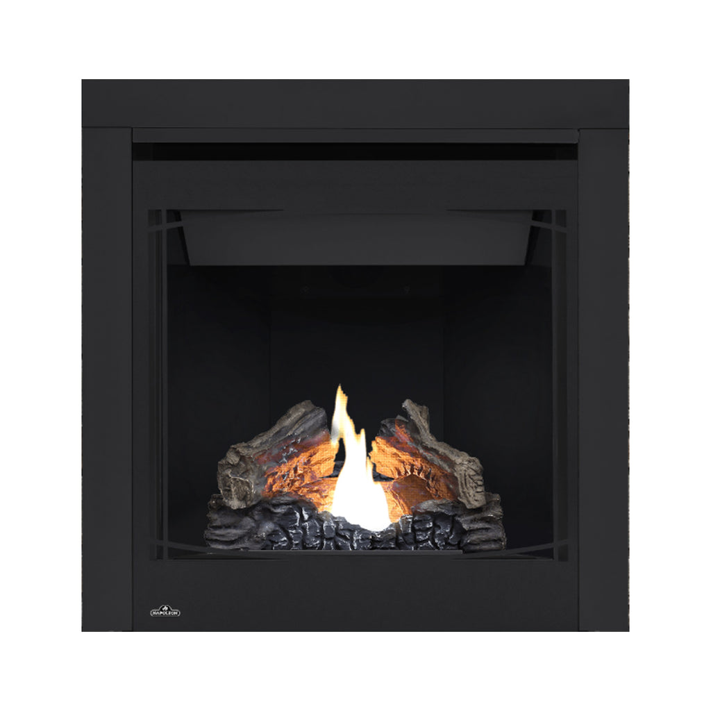 Black direct vent gas fireplace front with glass opening, glowing logs and vertical flame