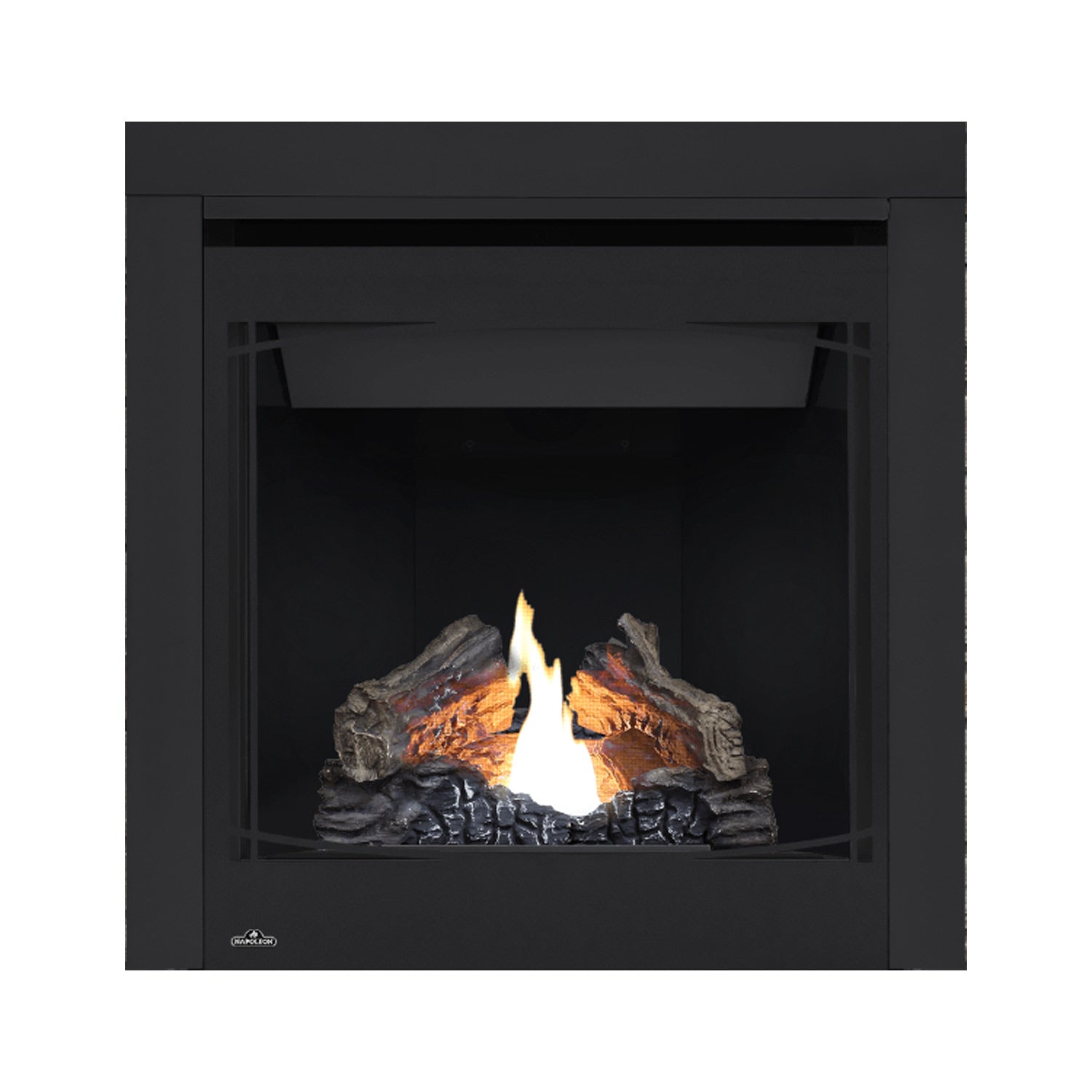 Black direct vent gas fireplace front with glass opening, glowing logs and vertical flame