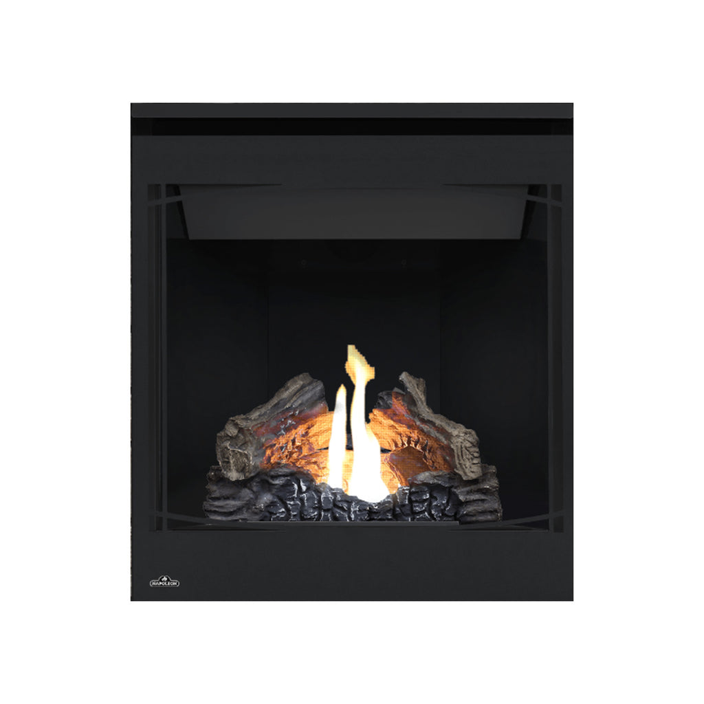 Black direct vent gas fireplace front with glowing logs and tall yellow flame in firebox