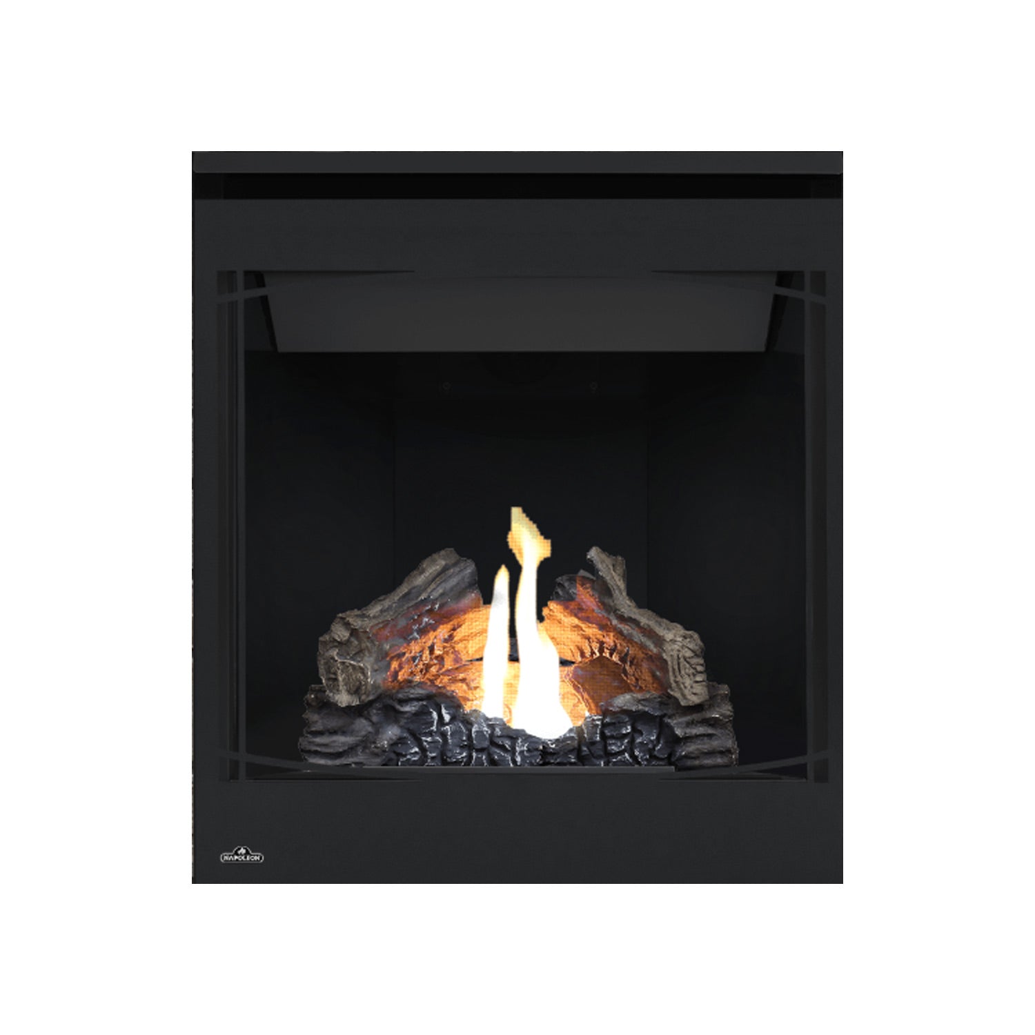 Black direct vent gas fireplace front with glowing logs and tall yellow flame in firebox