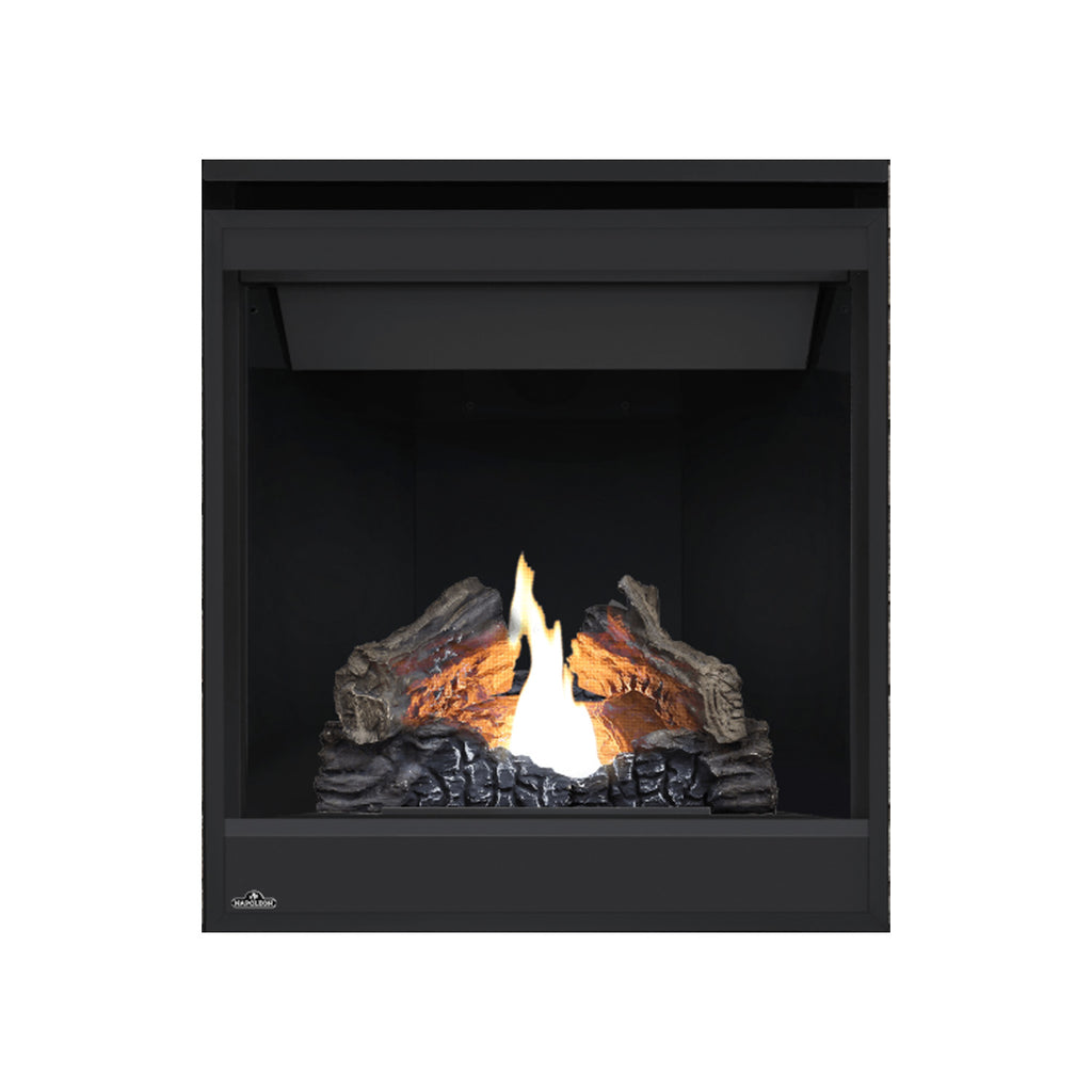 Black direct-vent gas fireplace with glass front; stacked logs and tall flames