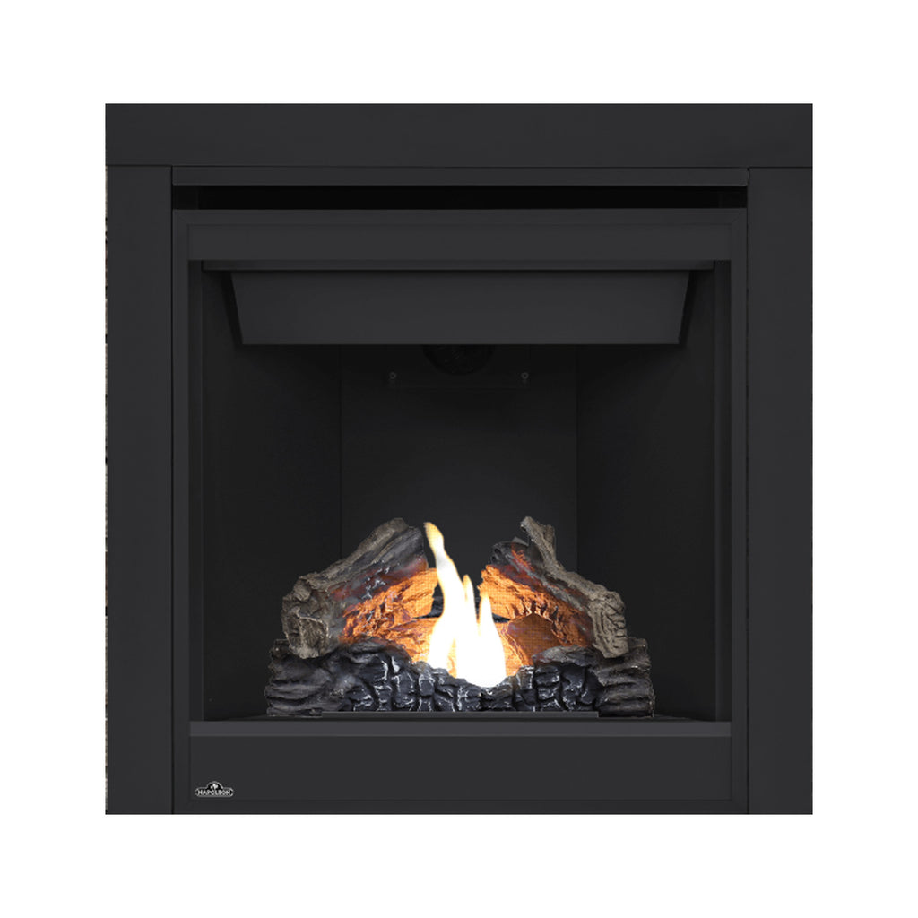 Black direct vent gas fireplace with bright flame and log set behind glass