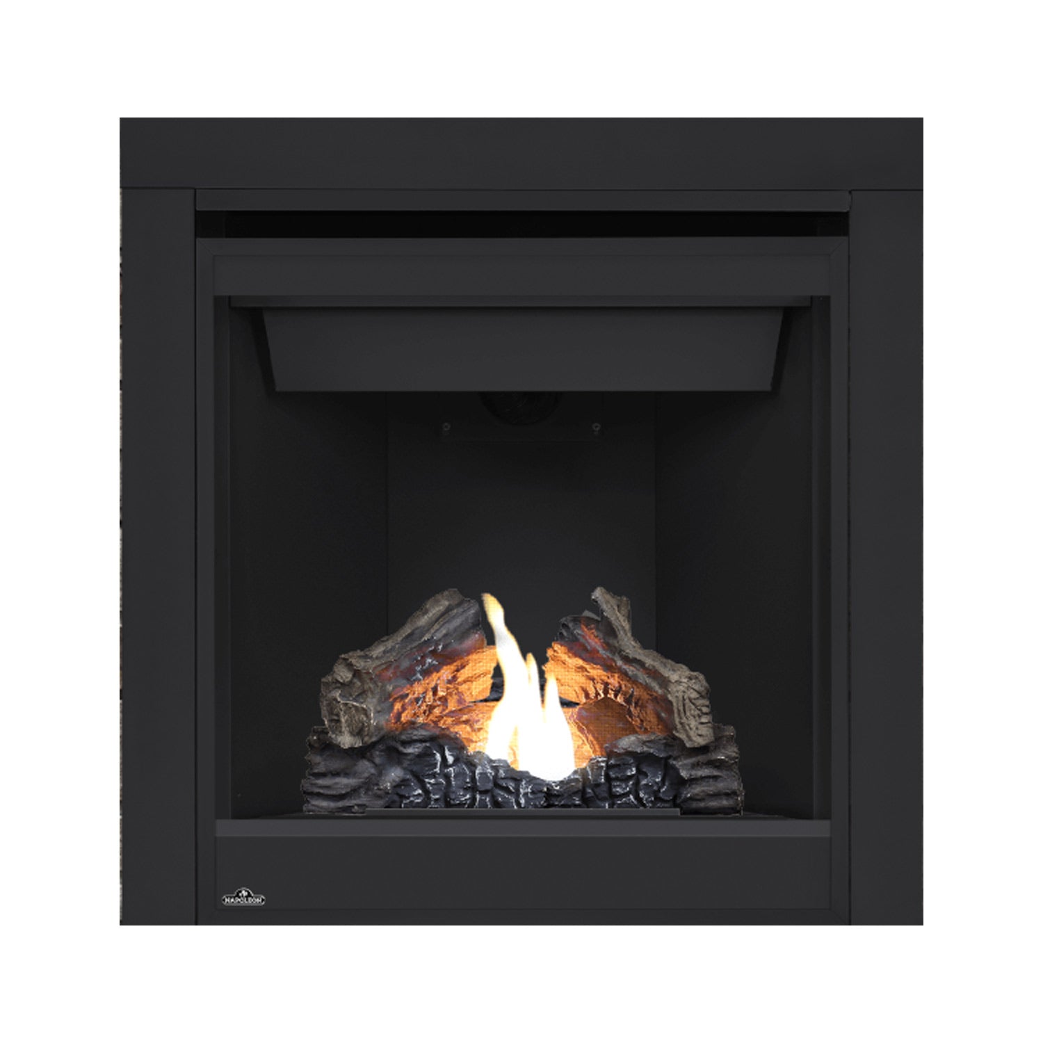 Black direct vent gas fireplace with bright flame and log set behind glass