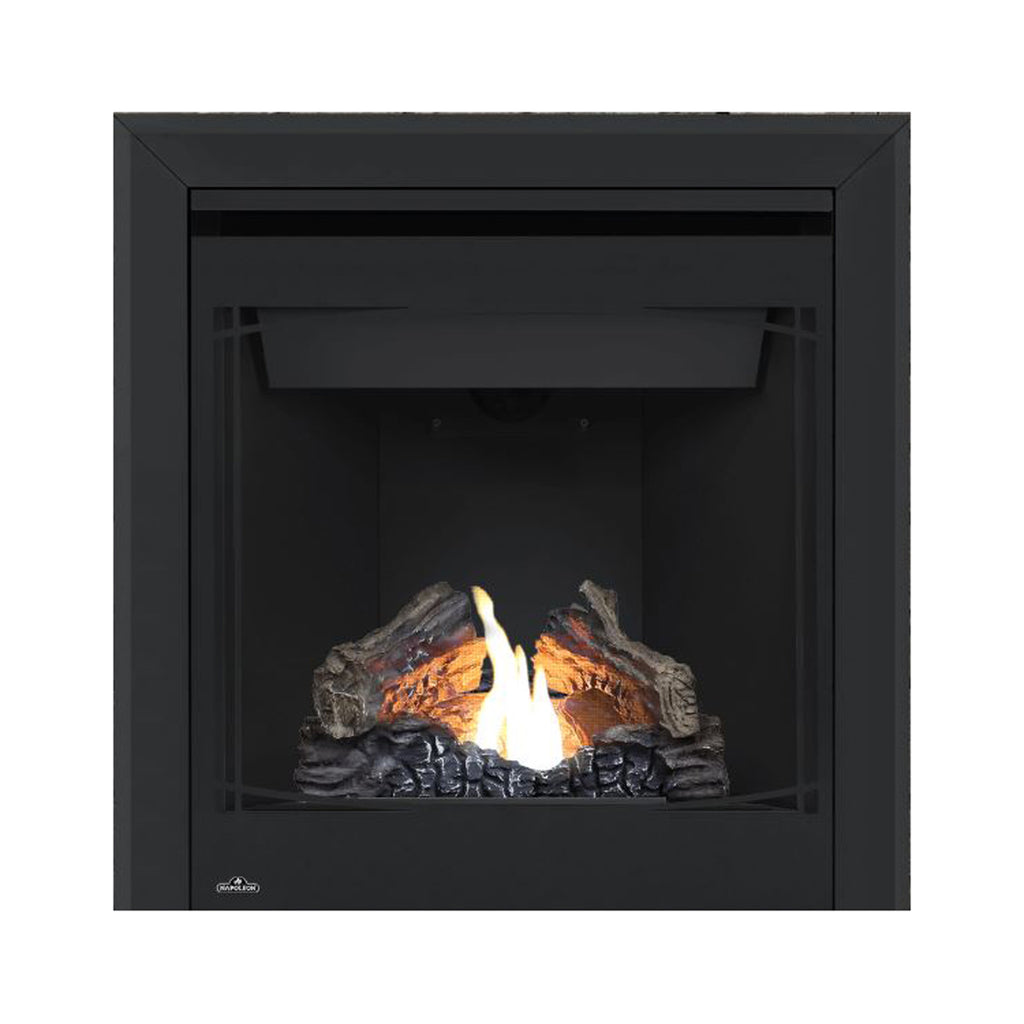 Black direct-vent gas fireplace with glass front; flame over logs in dark firebox
