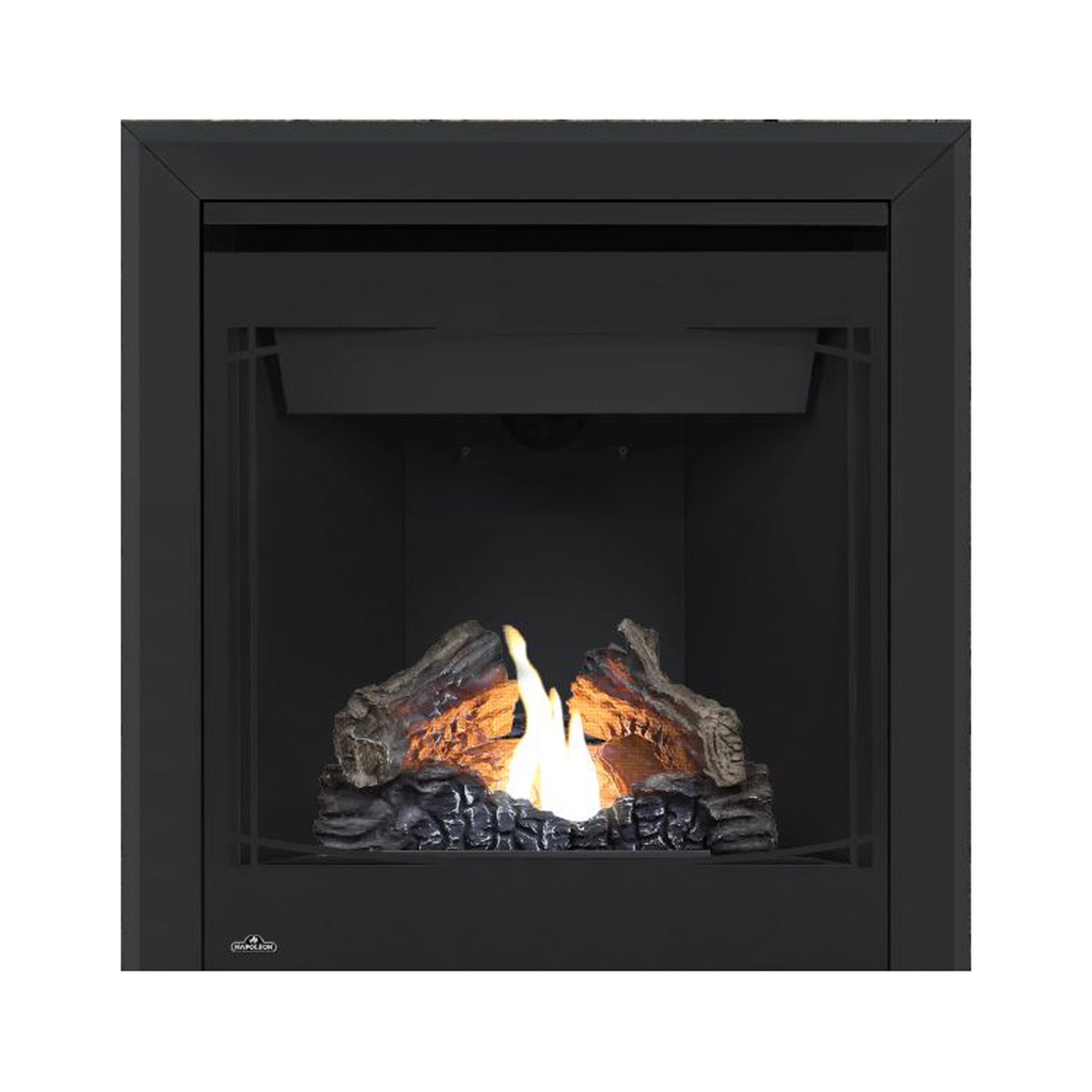 Black direct-vent gas fireplace with glass front; flame over logs in dark firebox