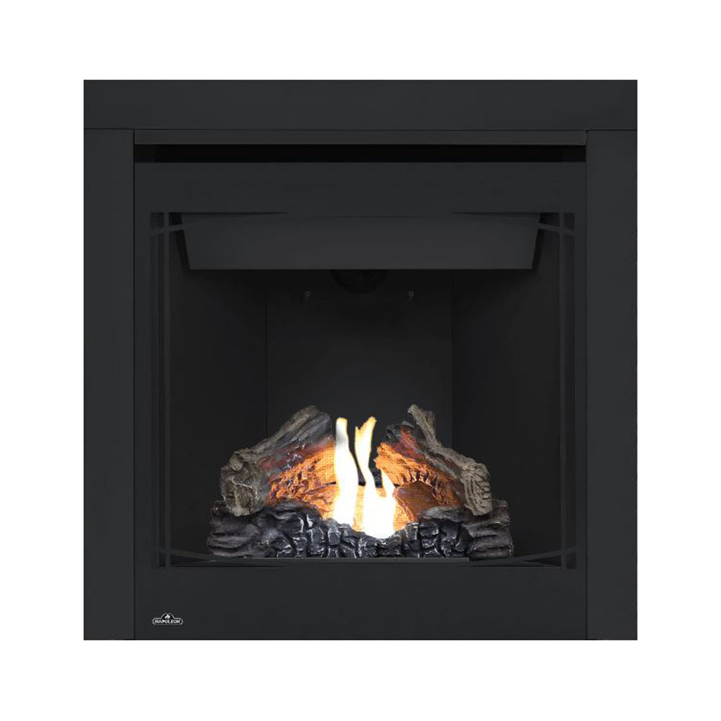 Black direct-vent gas fireplace with glass front; flame over logs with side vents