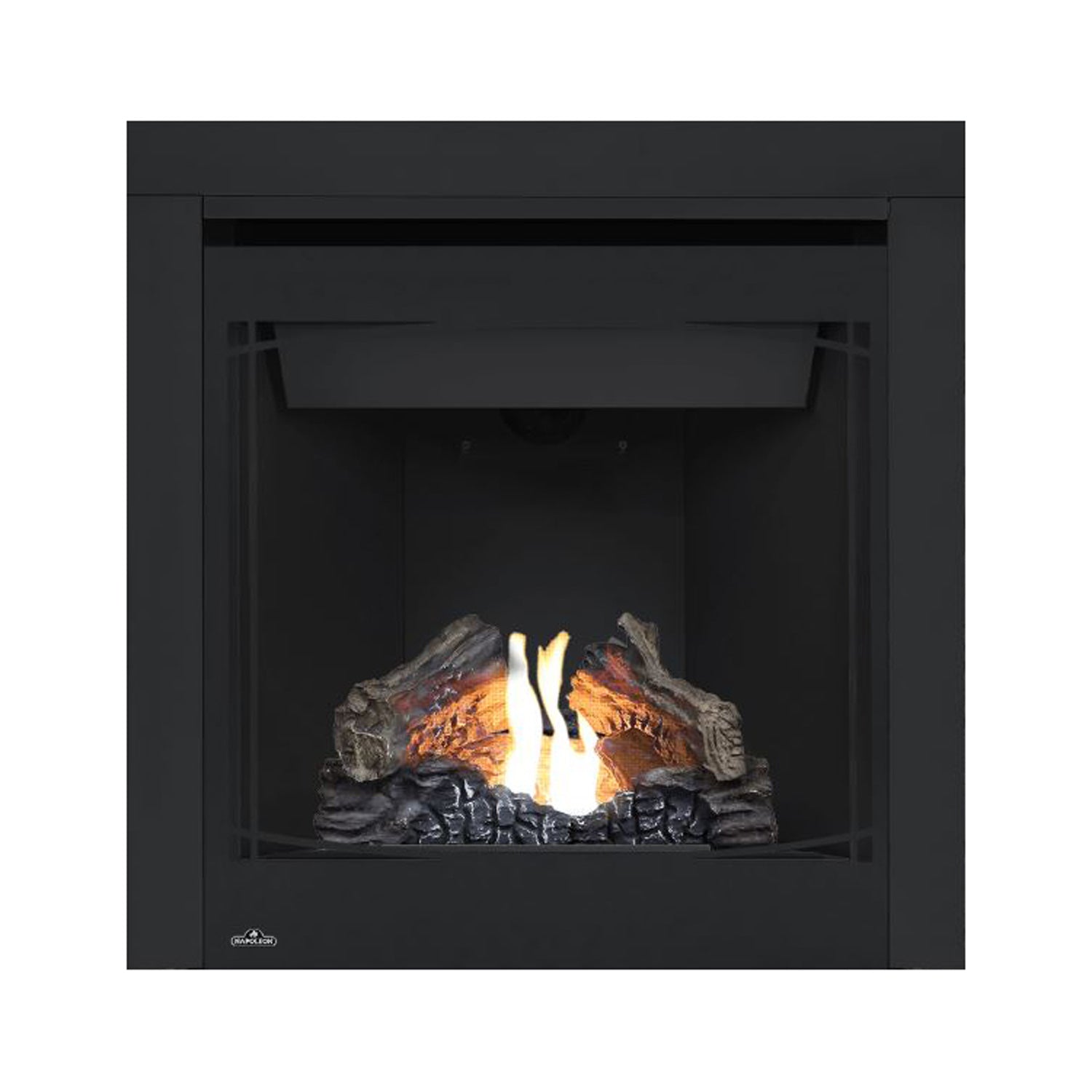 Black direct-vent gas fireplace with glass front; flame over logs with side vents