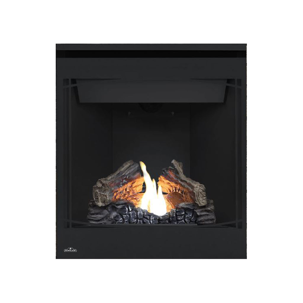 Black direct-vent gas fireplace with glass front, flame over logs and side frame vents