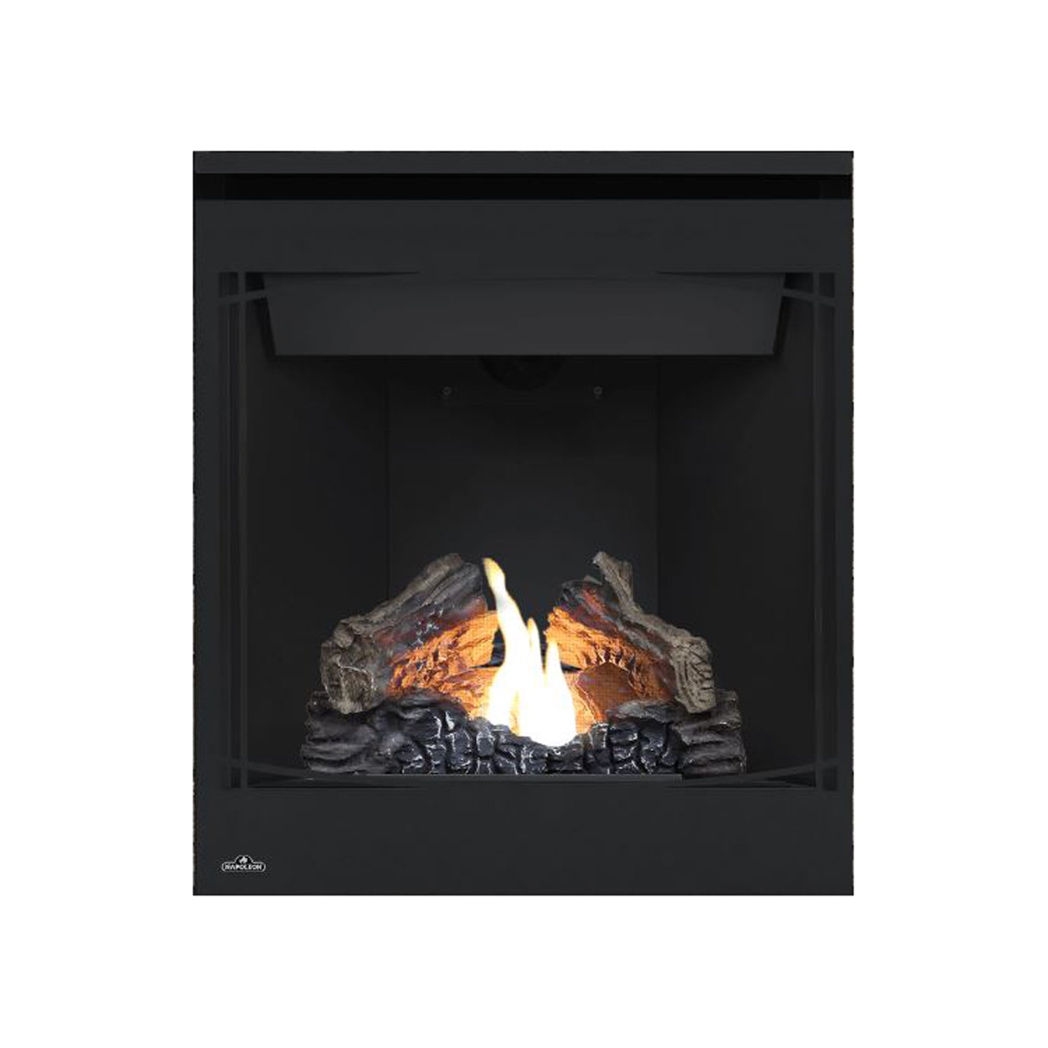 Black direct-vent gas fireplace with glass front, flame over logs and side frame vents