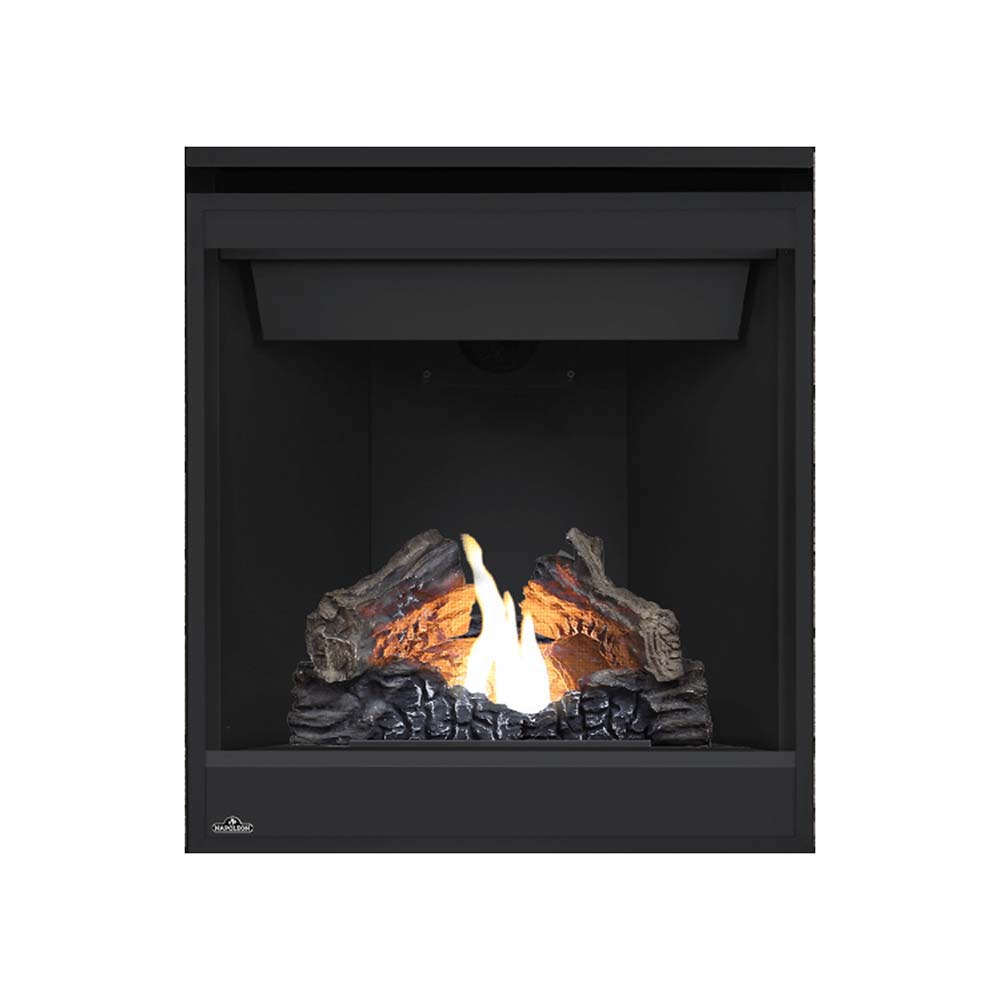 Black direct vent gas fireplace with burning log set behind dark glass front