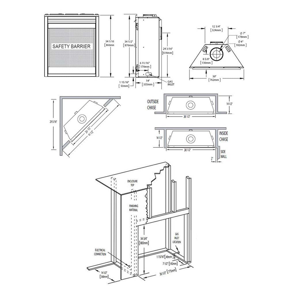Gas fireplace dimension and venting diagram with multiple installation views