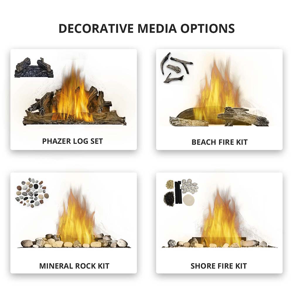 Decorative media option cards: Phazer log set, Beach, Mineral rock, Shore fire