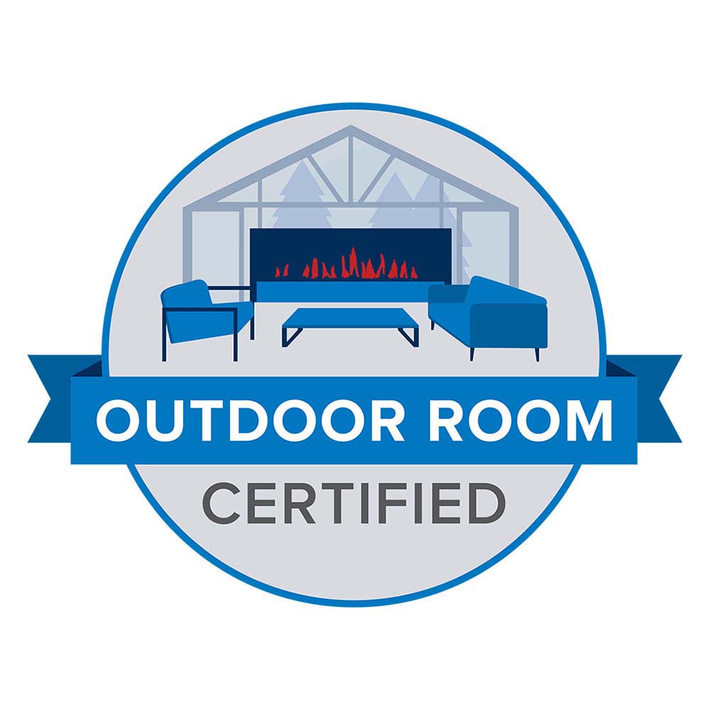 Outdoor room certified logo with blue couch and indoor fireplace illustration