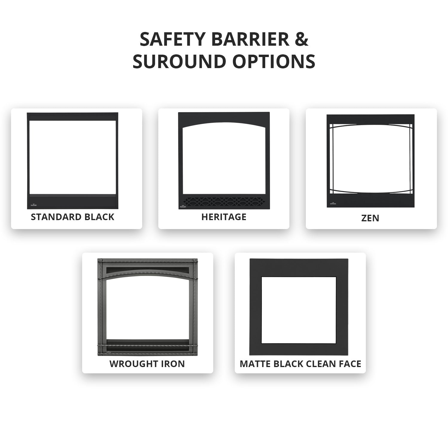 Fireplace surround and safety barrier swatches: Standard Black, Heritage, Zen, Wrought Iron