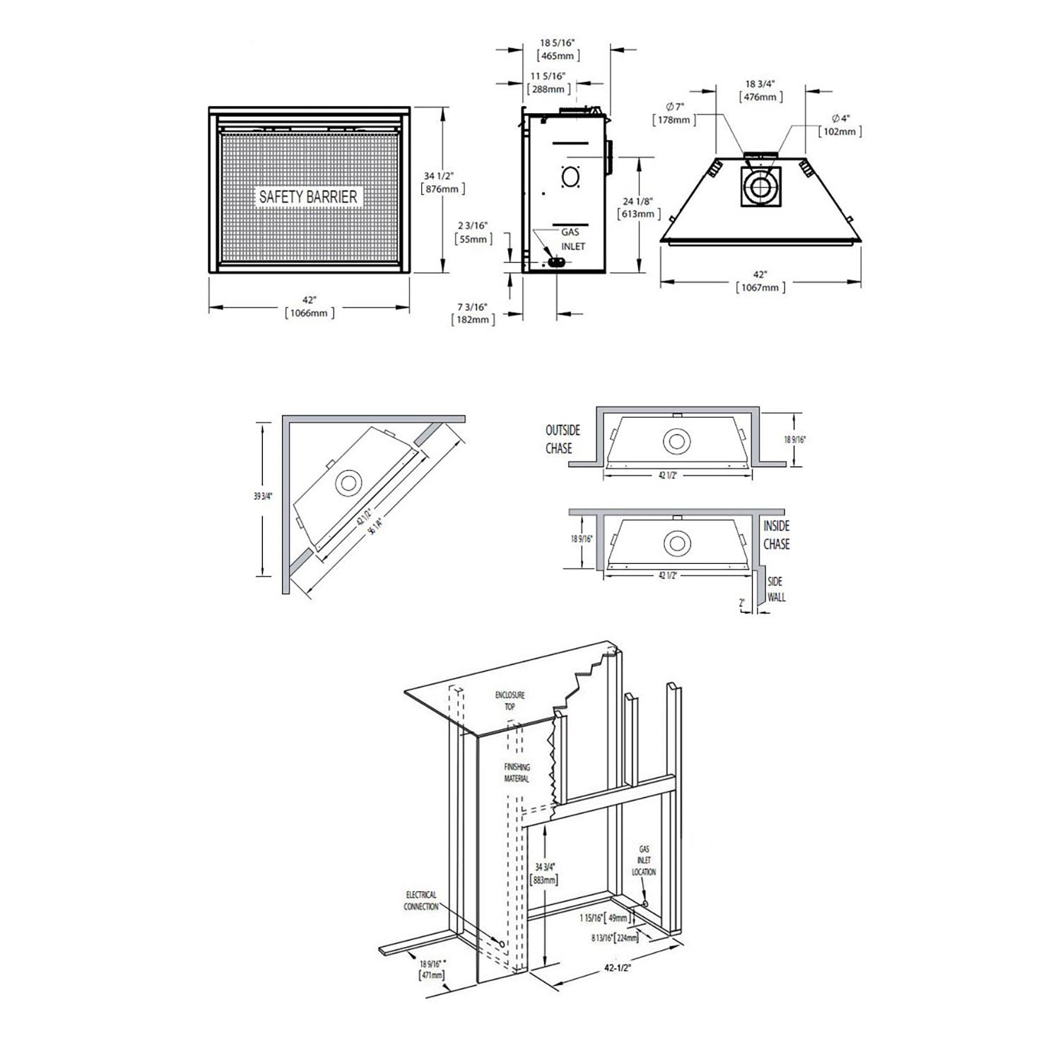 Fireplace installation dimensions diagram with safety barrier and vent component measurements