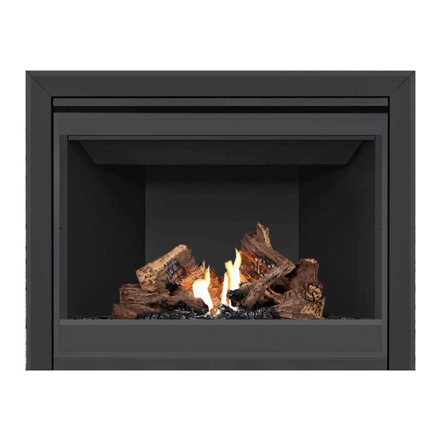 Black direct vent gas fireplace with glass front, burning flames and logs in the firebox