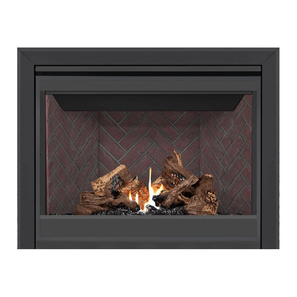 Direct vent gas fireplace with dark frame, glowing flames and red brick back panel.