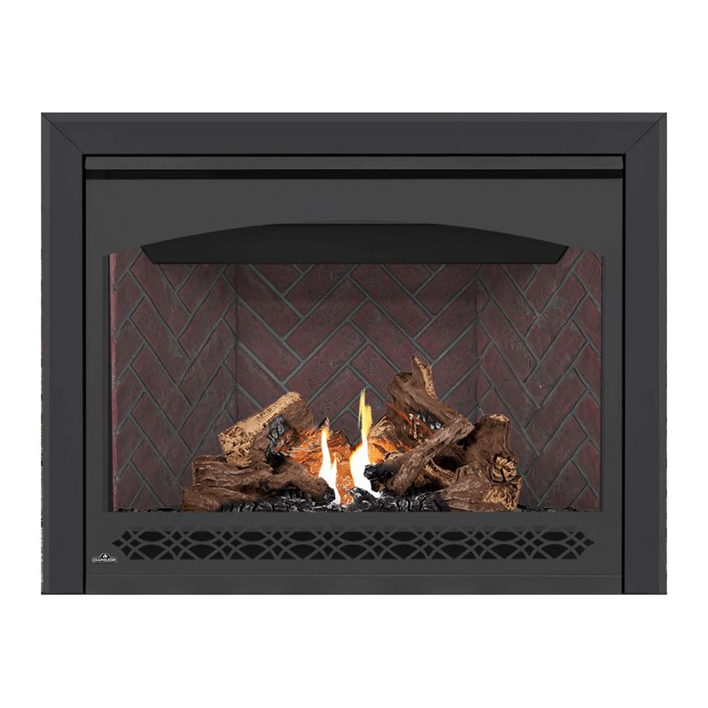 Direct vent gas fireplace with black surround, burning logs, and flames behind red brick.