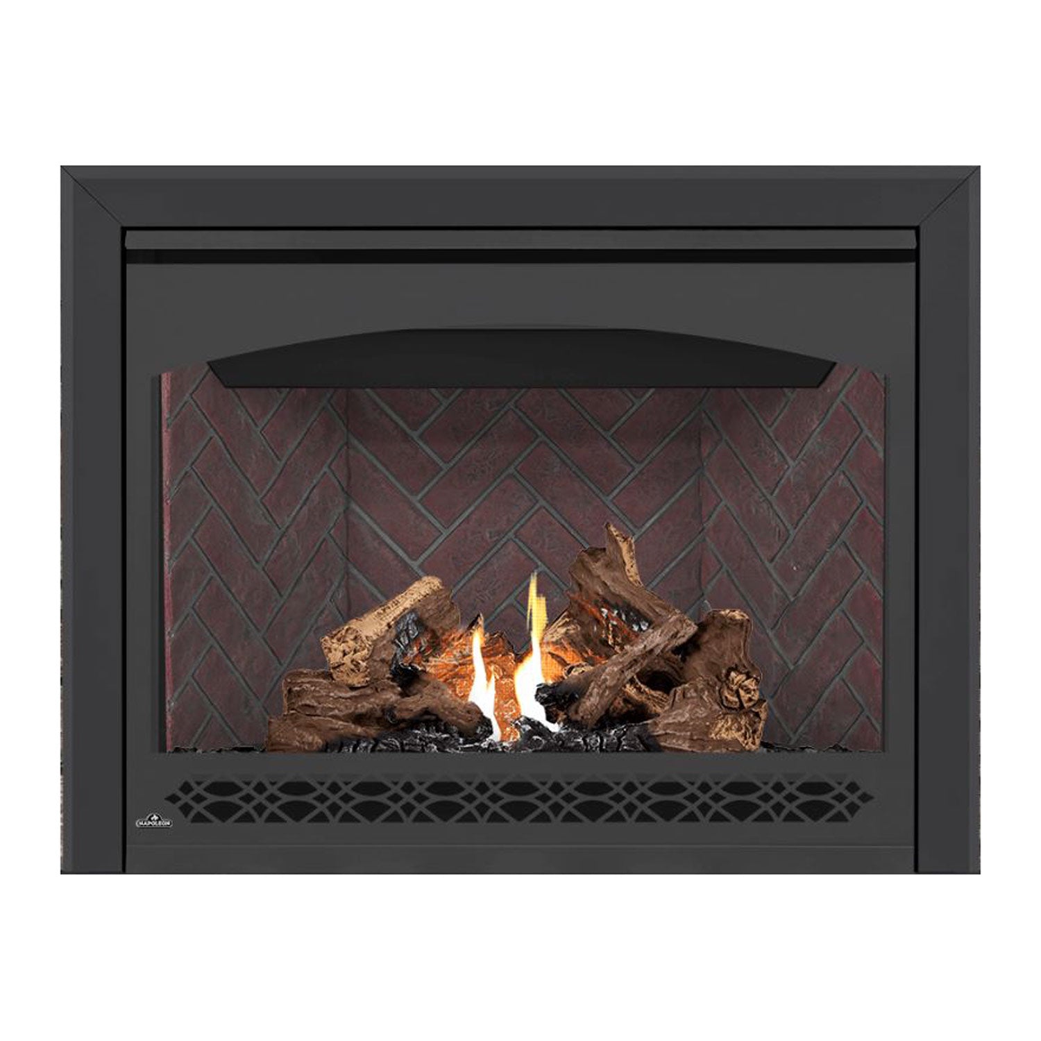 Direct vent gas fireplace with black surround, burning logs, and flames behind red brick.