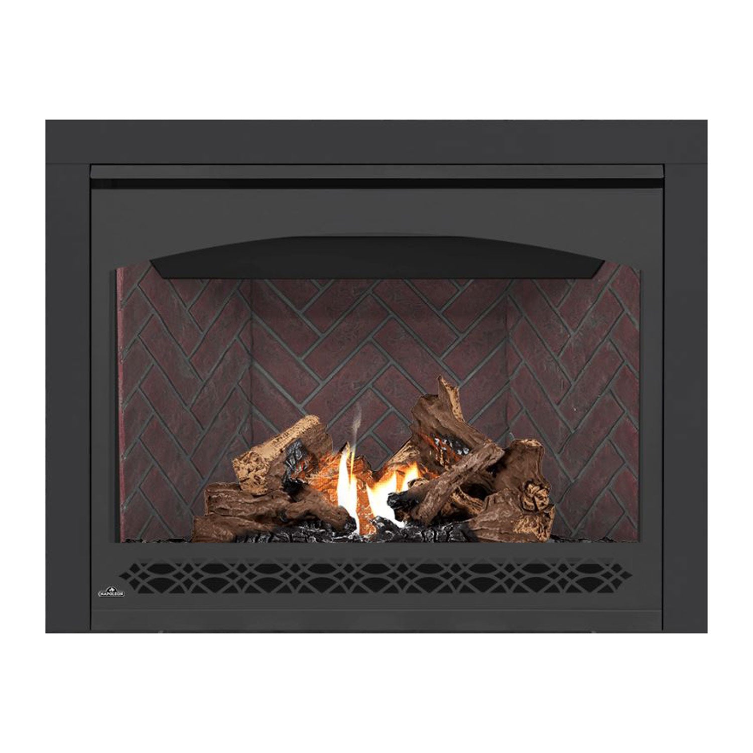 Direct vent gas fireplace with dark front, brick interior backing, burning logs and flames
