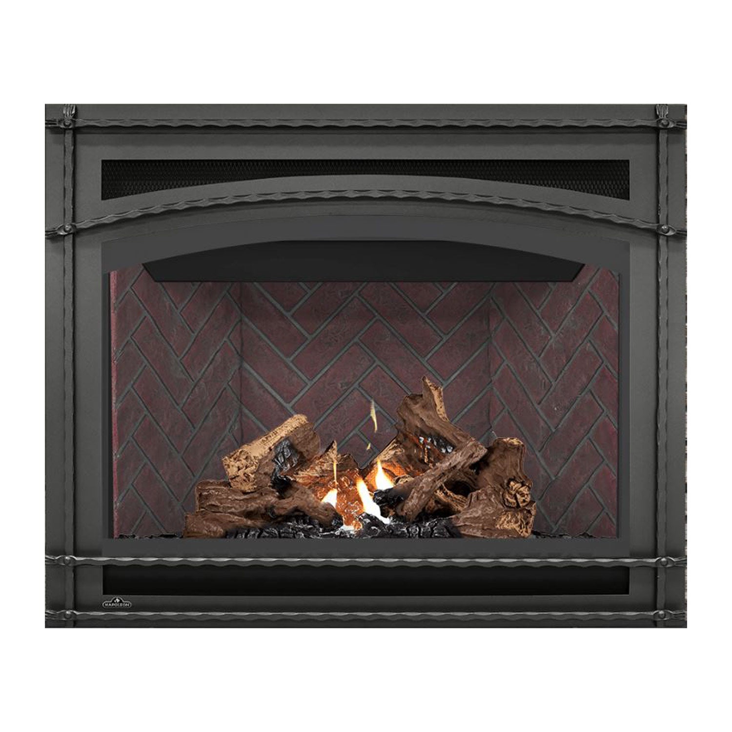 Direct vent gas fireplace with dark surround, visible flame, and log set in front of brick wall