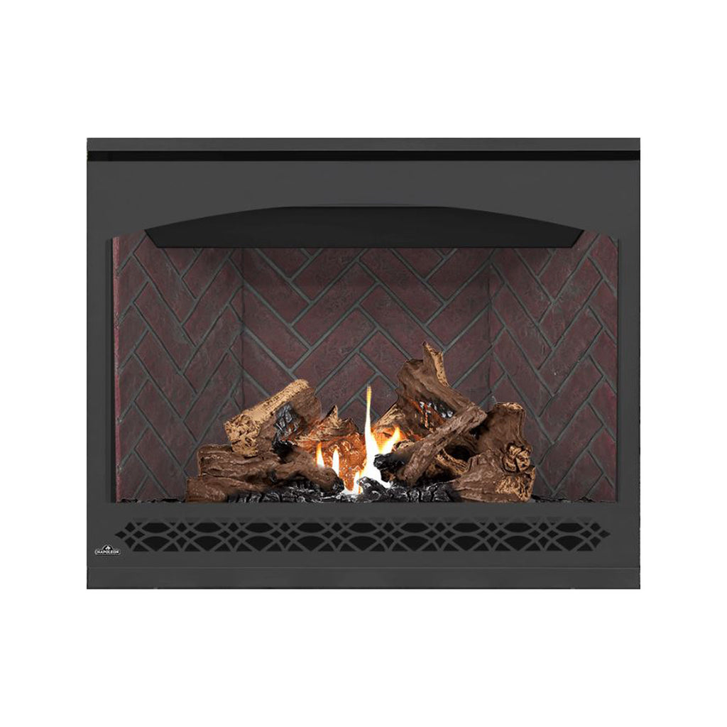 Direct vent gas fireplace with dark frame, glowing flames and red brick back panel.