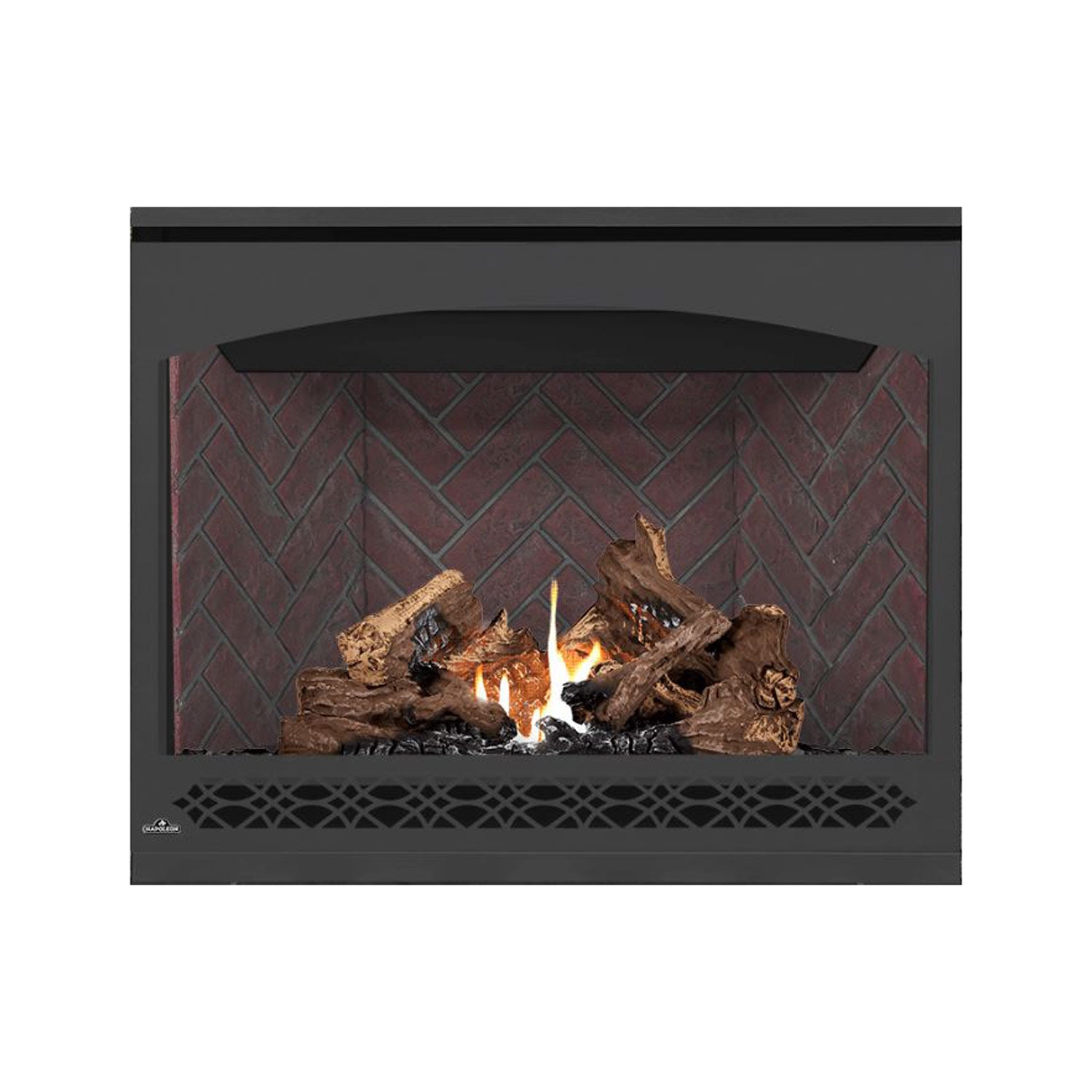Direct vent gas fireplace with dark frame, glowing flames and red brick back panel.