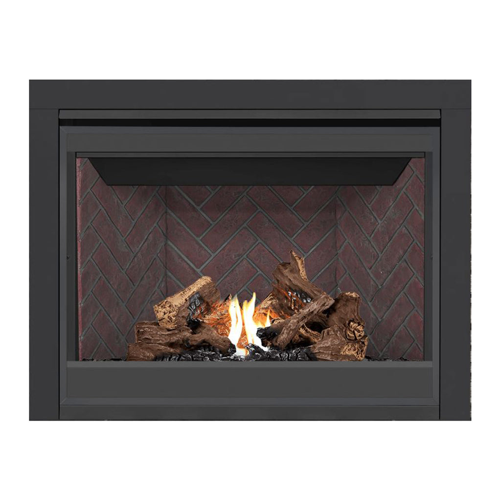 Black direct-vent gas fireplace with burning logs against a red brick back panel