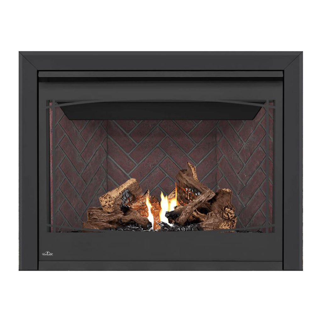 Direct vent gas fireplace with black surround, burning logs, and flames behind red brick.