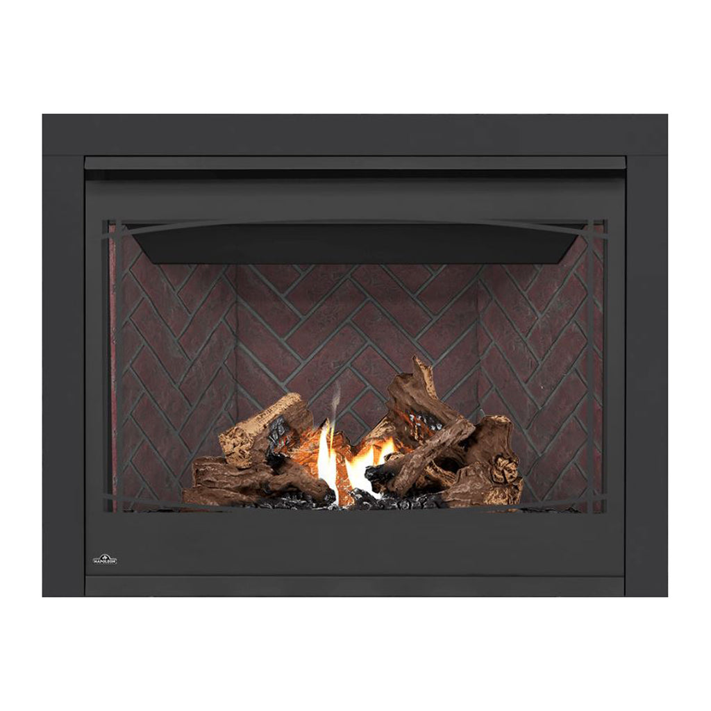 Direct vent gas fireplace with dark front, brick interior backing, visible flame center and logs