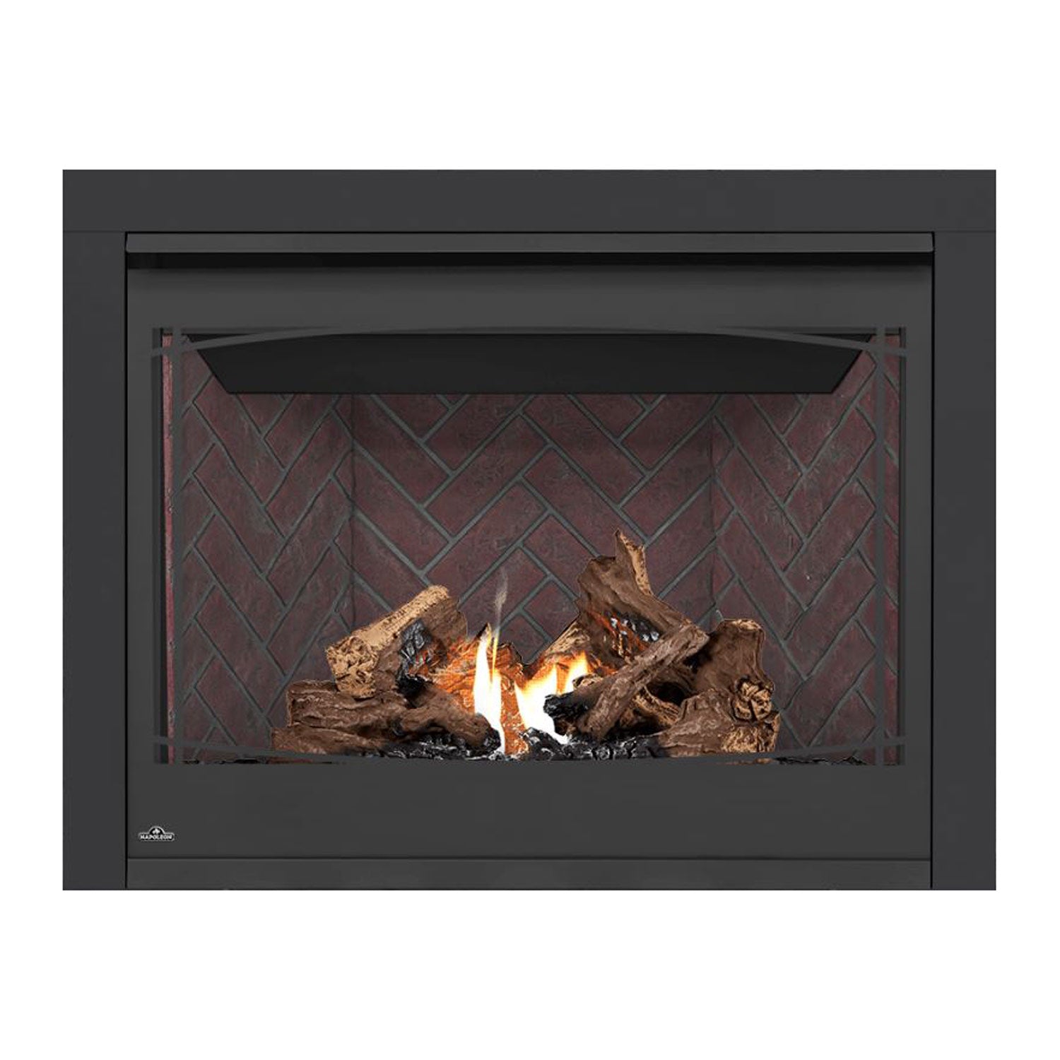 Direct vent gas fireplace with dark front, brick interior backing, visible flame center and logs