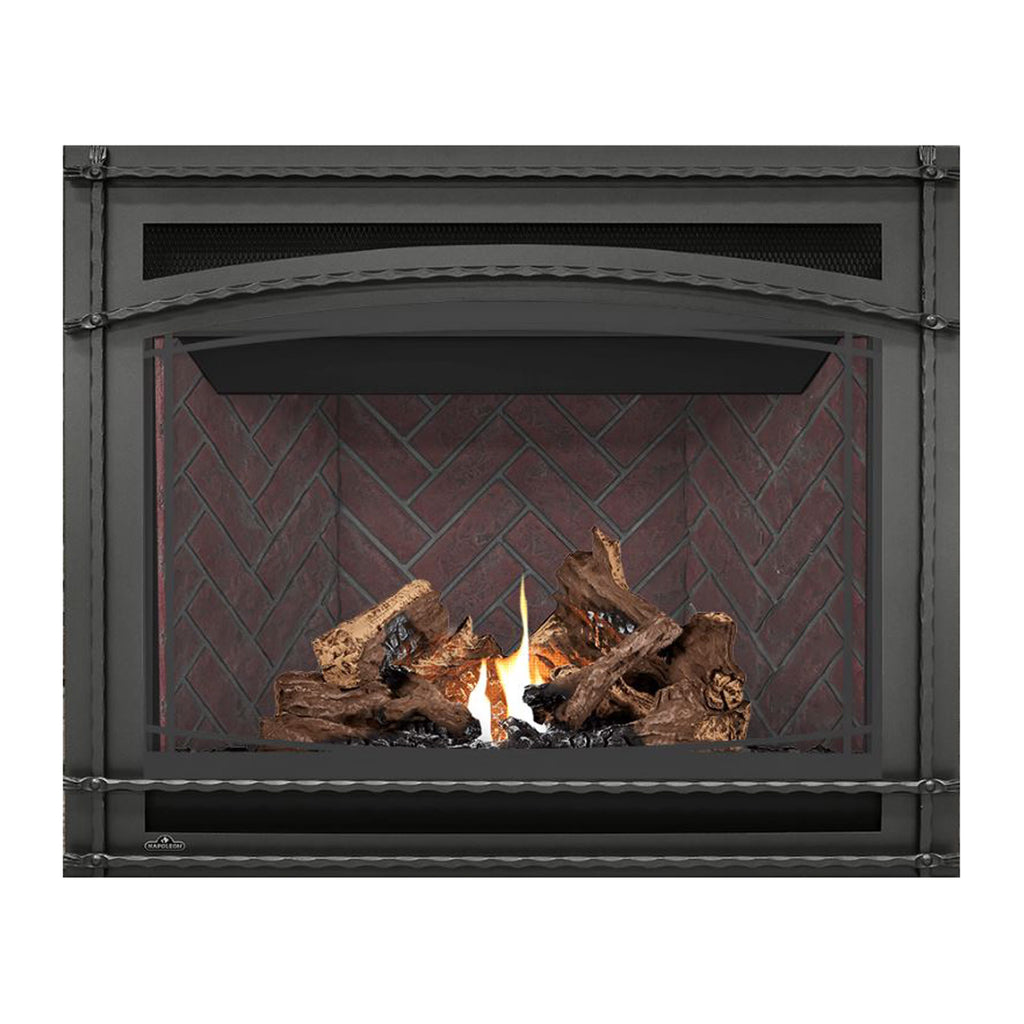 Direct vent gas fireplace with dark surround, burning flames, and log set framed by brick pattern