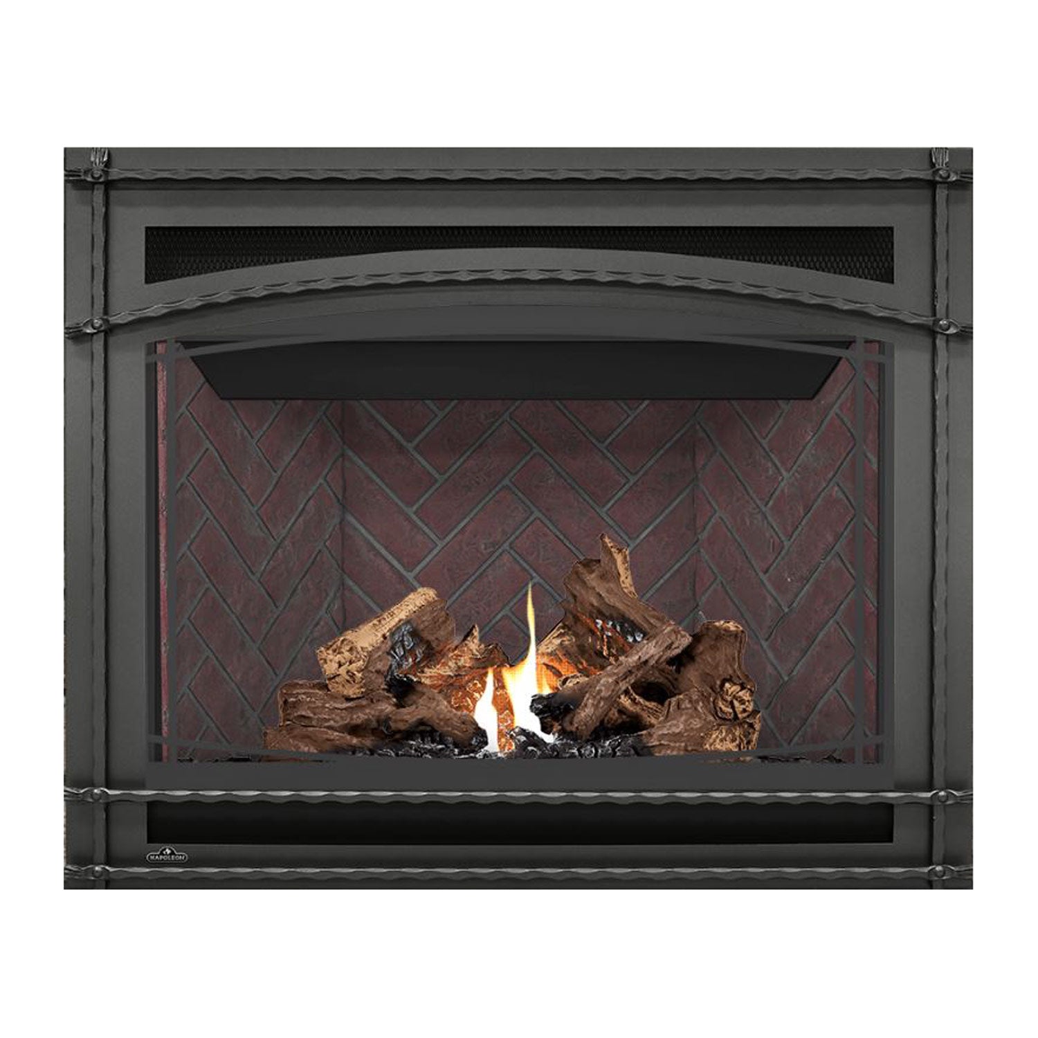 Direct vent gas fireplace with dark surround, burning flames, and log set framed by brick pattern
