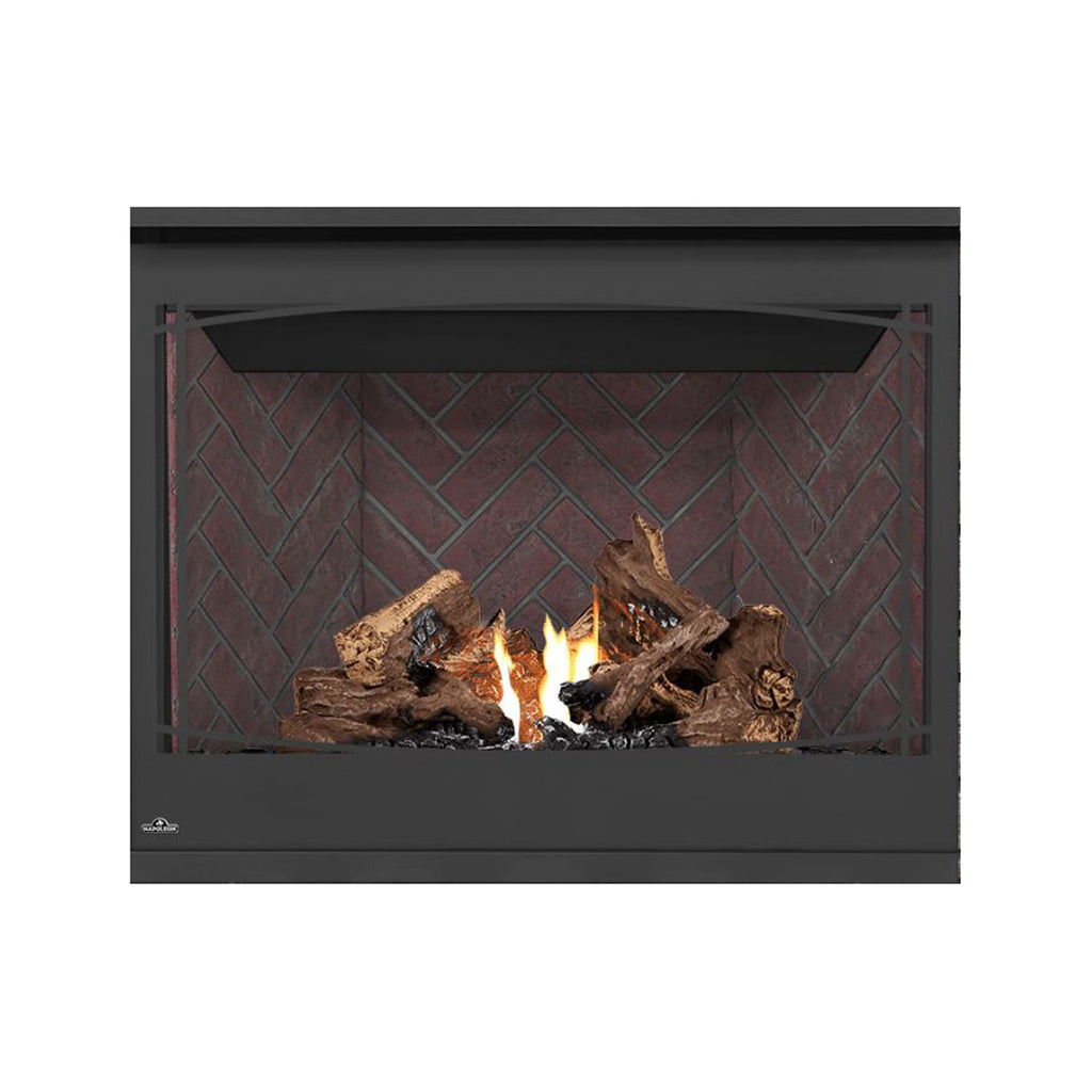 Black direct vent gas fireplace with glass front, burning flames and logs on red brick back