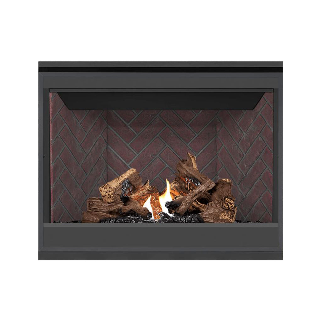 Direct vent gas fireplace with dark frame, red brick interior, burning logs and flames