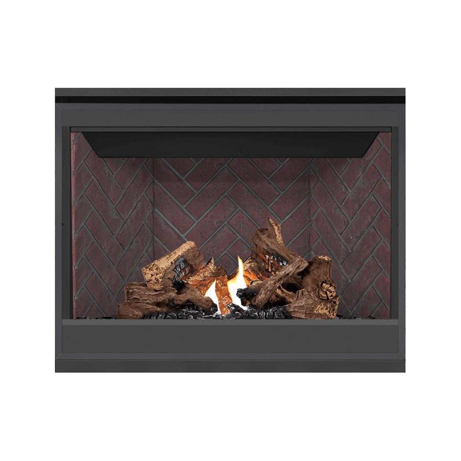 Direct vent gas fireplace with dark frame, red brick interior, burning logs and flames