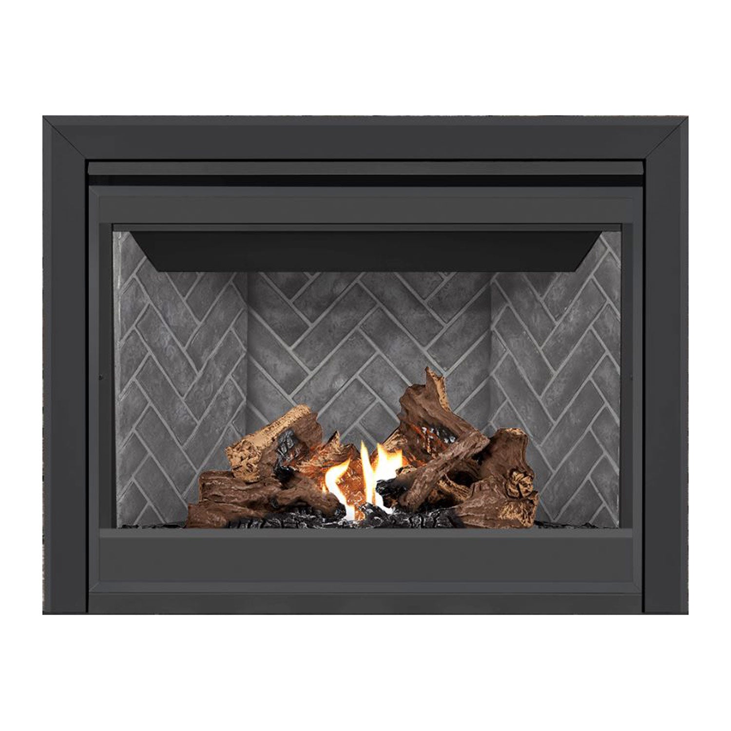 Direct vent gas fireplace with dark frame, glowing flames and gray brick back panel.